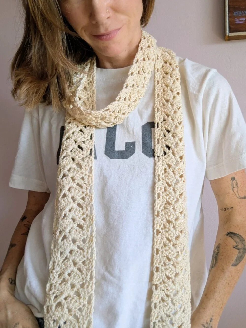 Handmade Crochet Lace Sequin Skinny Scarf Extra Long Linen Cream Gold